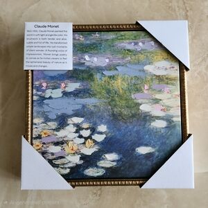 Claude Monet Water Lilies Style Framed Canvas - Blue, Green, Pink 12x12 Inch